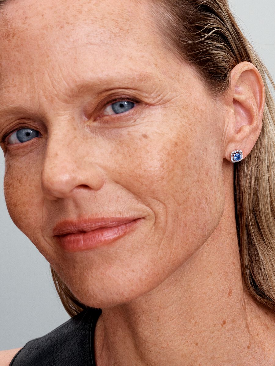 Brincos Espigão Auréola Quadrada Azul Brilhante