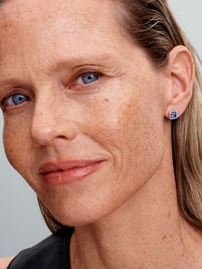 Brincos Espigão Auréola Quadrada Azul Brilhante